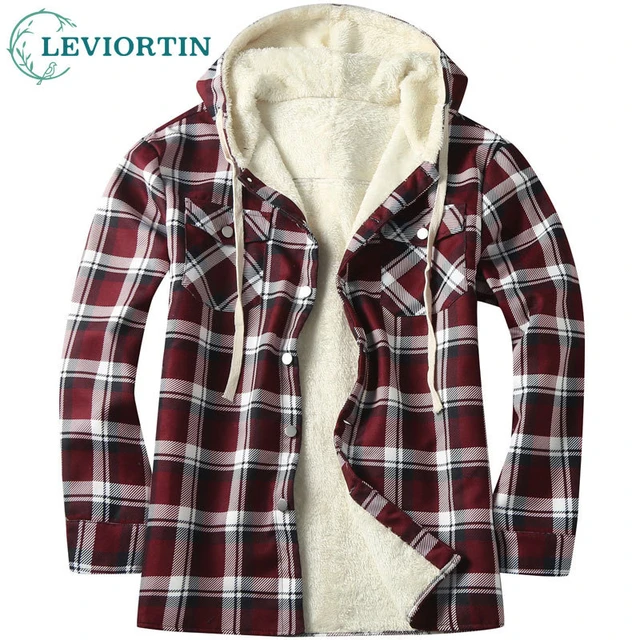 Men's Thick Sherpa Lined Checkered Plaid Hoodie Jacket