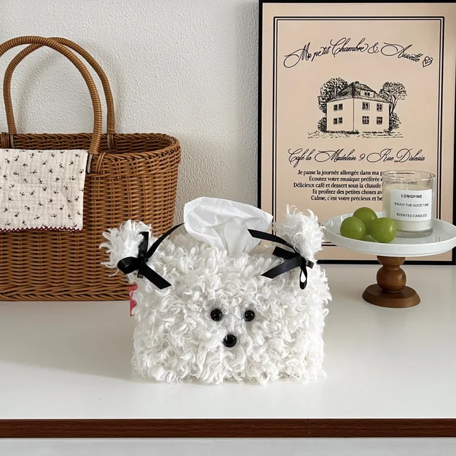 Boîtes à serviettes en forme de chien en peluche de Style nordique, sac d'émission de couleur unie, porte-serviettes en fil, sac à mouchoirs, rangement de serviettes 5