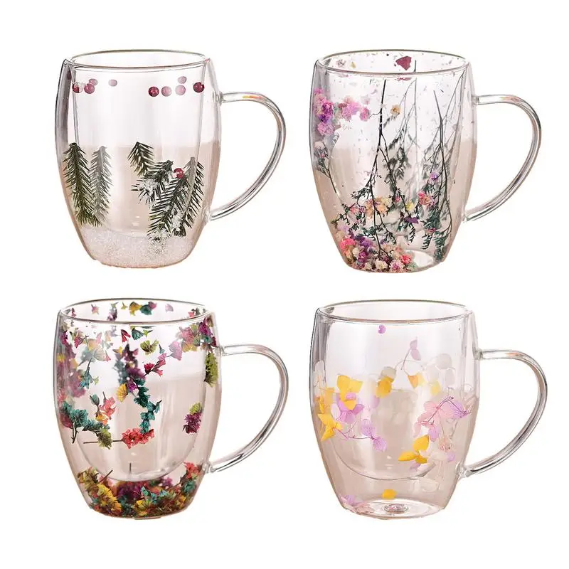 

Double Wall Coffee Mugs Insulated Heat Resistant Glass Cup with Dried Flower Creative Decoration Anti-Scalding for Hot Beverages