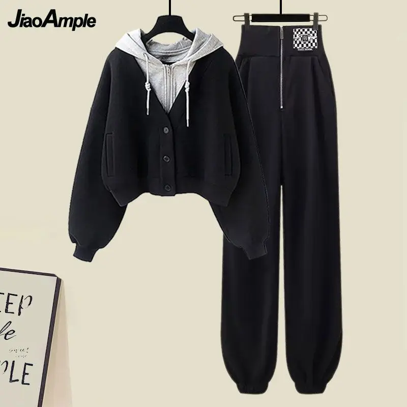 Women's 2023 Autumn/Winter New Tracksuit Matching Set Korean Elegant Fake Two Piece Hooded Sweater+Casual Sports Pants Suit women s spring autumn tracksuit korean elegant casual fake two piece top black cargo pants two piece set female sportwear suit