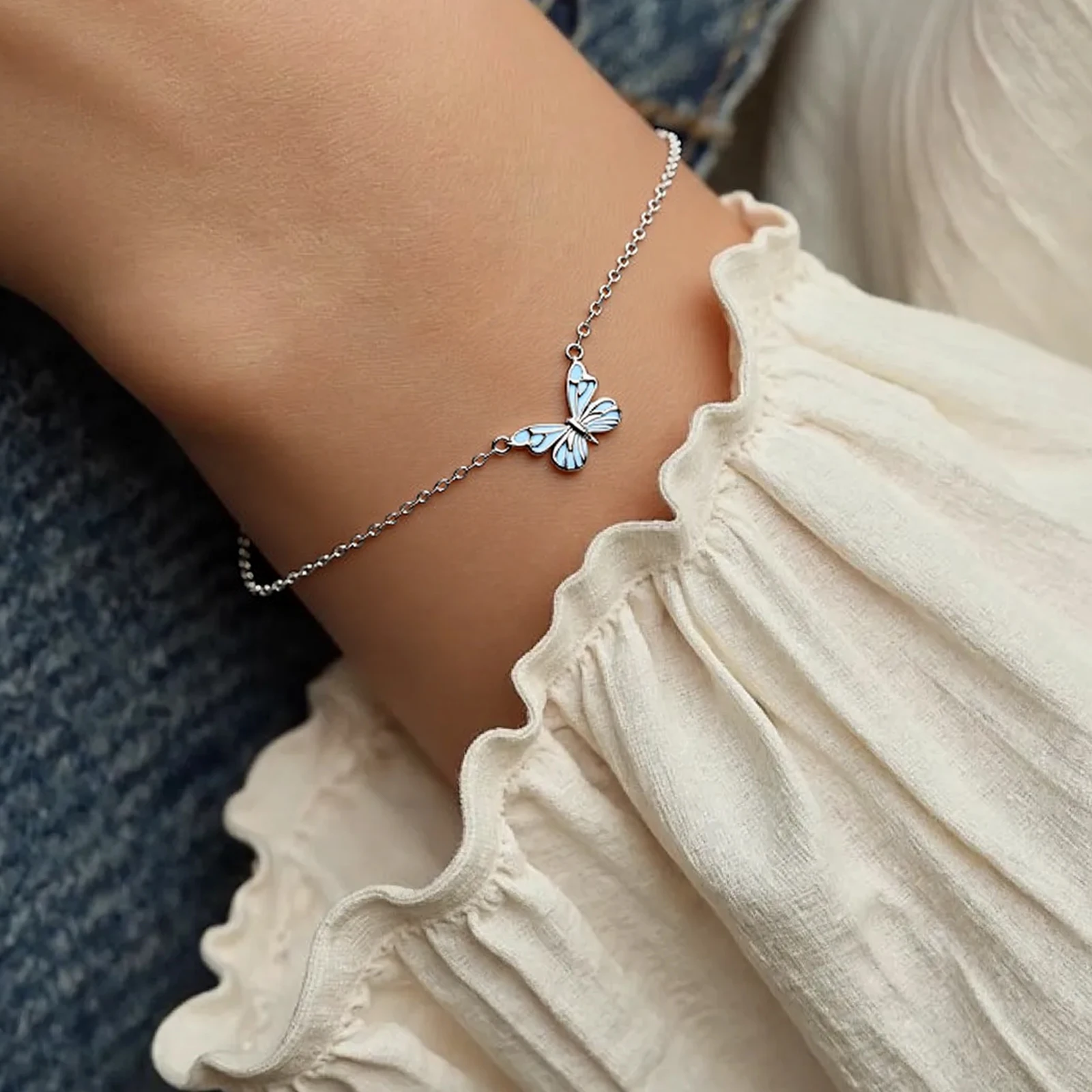 Glowing Butterfly Fairy Necklace Bracelet Steel Chain Butterfly Pendant Necklace Silver Jewellery Set for Lover Friend 2