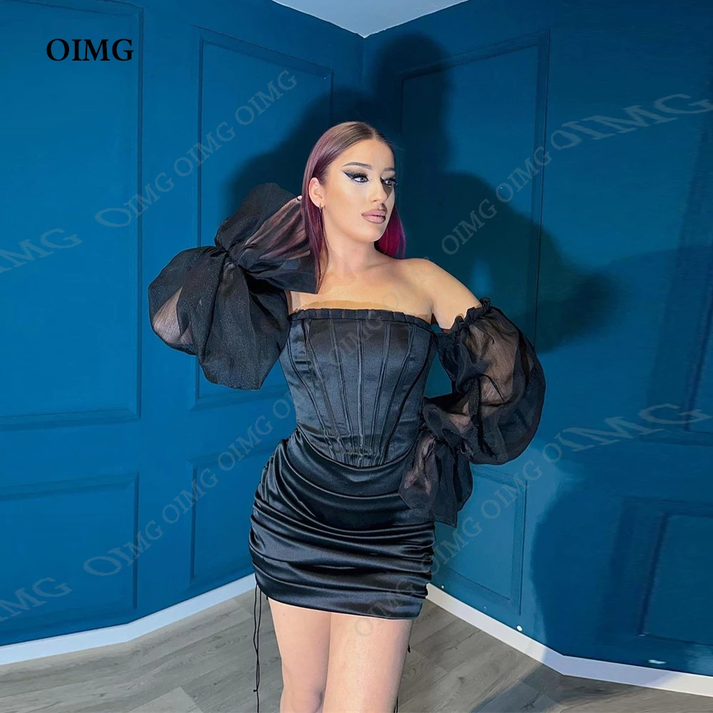 

OIMG Sexy Black Short Mini Evening Dresses Strapless Long Sleeves Cocktail Prom Gowns Formal Party Occasion 2023 Vestidos