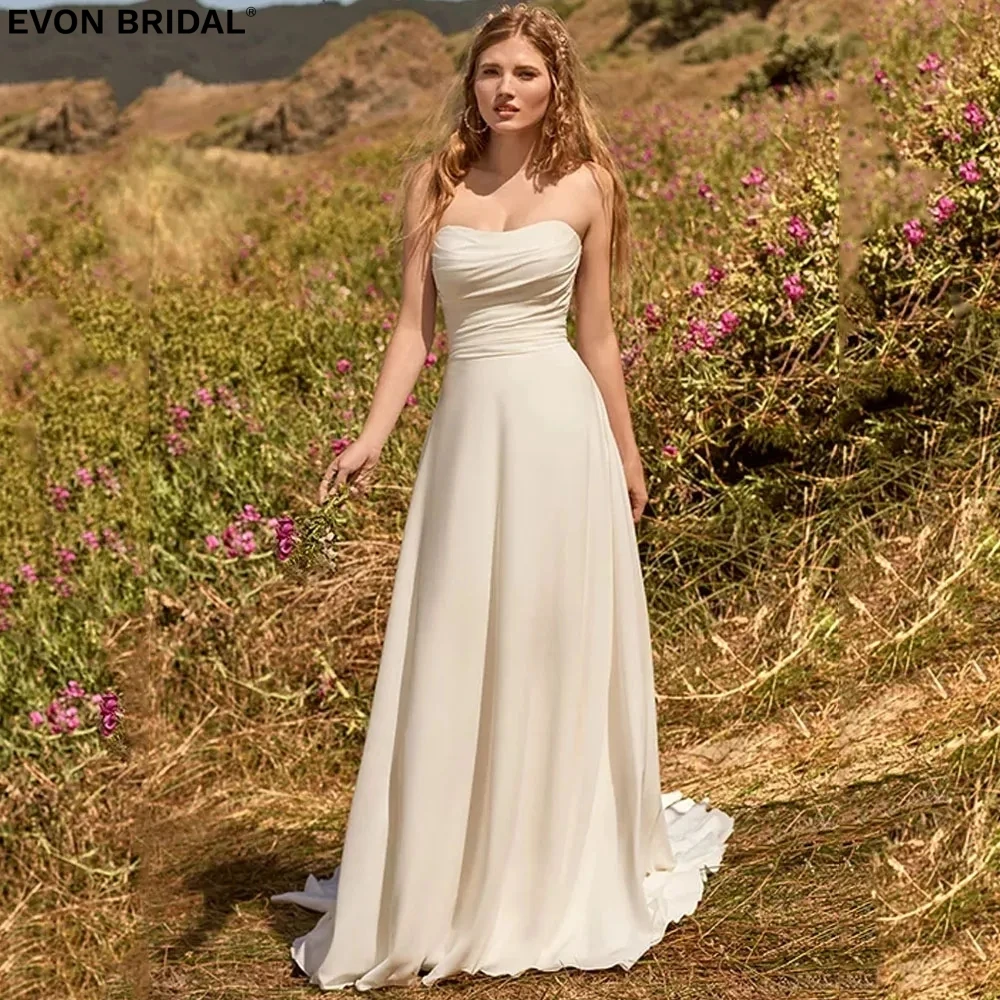 

EVON BRIDAL Simple Off the Shouder Modest Sleeveless Wedding Dresses for Women Floor Length Backless Stain Mermaid Prom Dresses