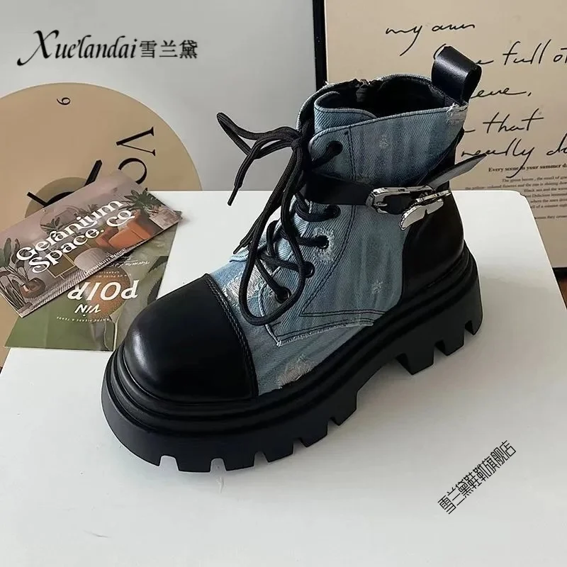 Denim Butterfly Martin Boots Women 2023 Autumn New Sweet Cool Wind INS Retro Fashion Versatile Thick Bottom Short Boots Lace Up