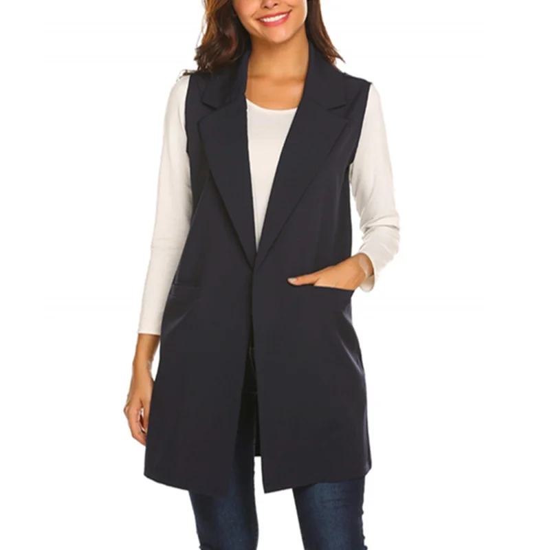 

Summer Classic Loose Women Suit Long Vest Black Solid Color Lapel Collar Sleeveless Buttonless Cardigan Daily Female Top Clothes