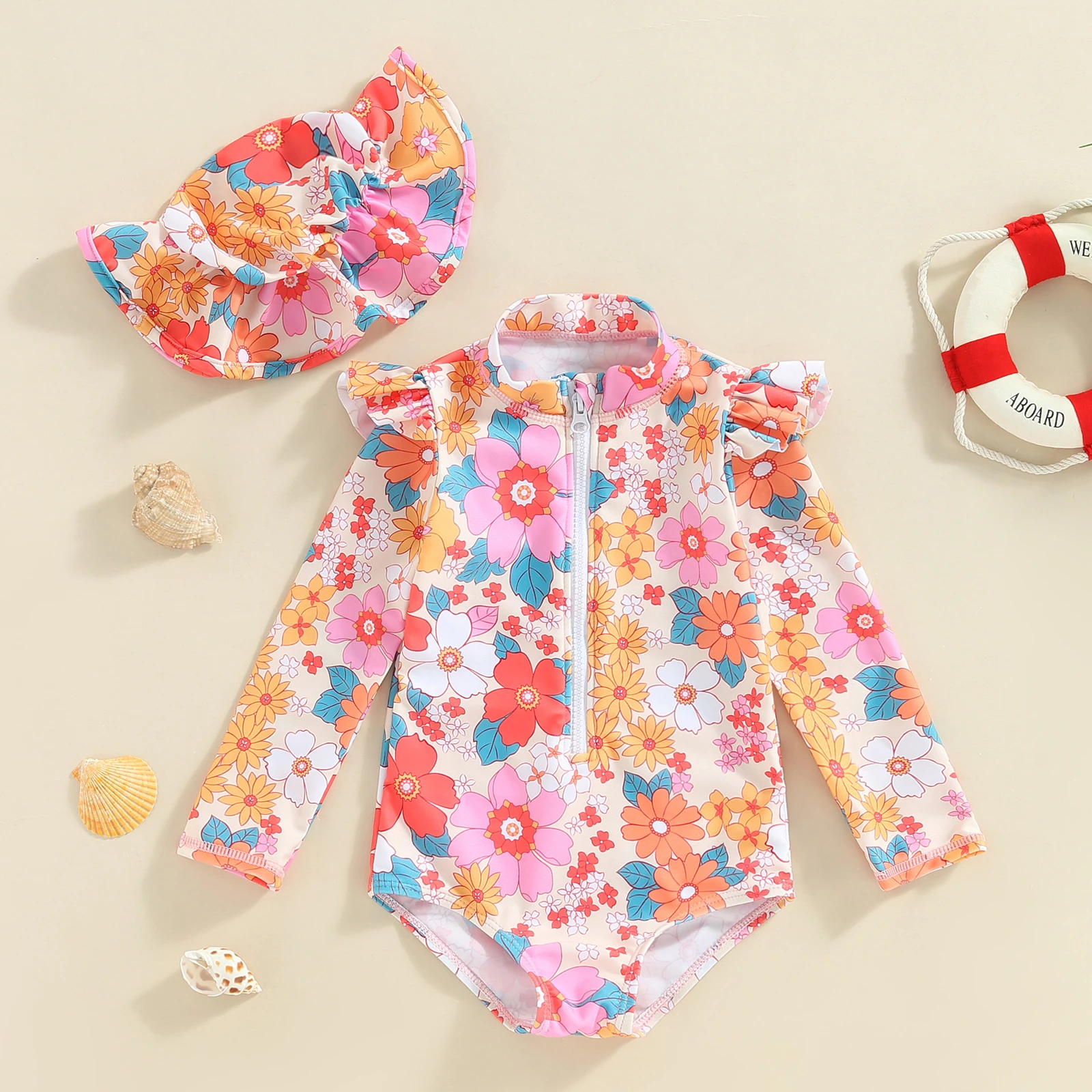 

Baby Toddler Kids Baby Girls Swimwear Front Zipper Long Sleeve Ruffles Summer Swimsuit Jumpsuits Bathing Swimming Suit