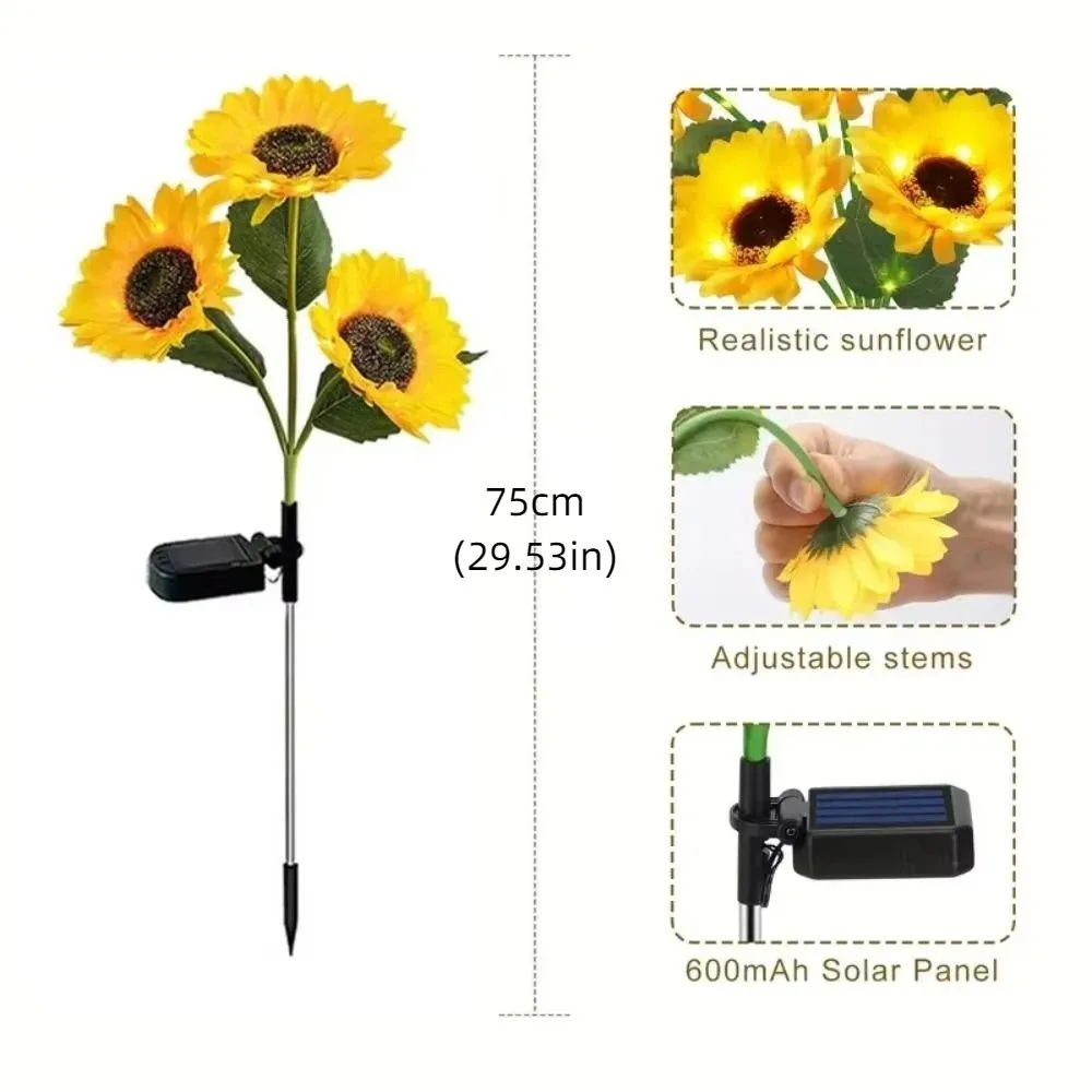 3 Heads Solar Sunflower LED Light Realistic Waterproof Landscape Lawn Lamp Iron Cordless Solar Stake Light Wedding Courtyard