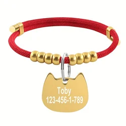 Personalized Braided Rope Pet Collar with Cat Tag Pendant - M (Red)