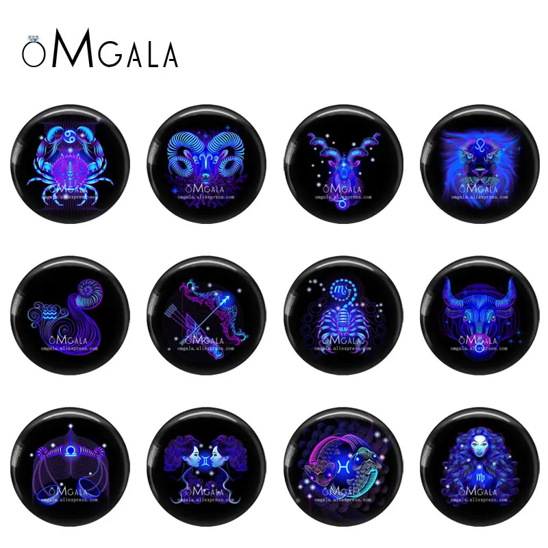 

12 Horoscope Zodiac Sign 12pcs 12mm/16mm/18mm/20mm/25mm/30mm Round Photo Glass Cabochon Demo Flat Back Making