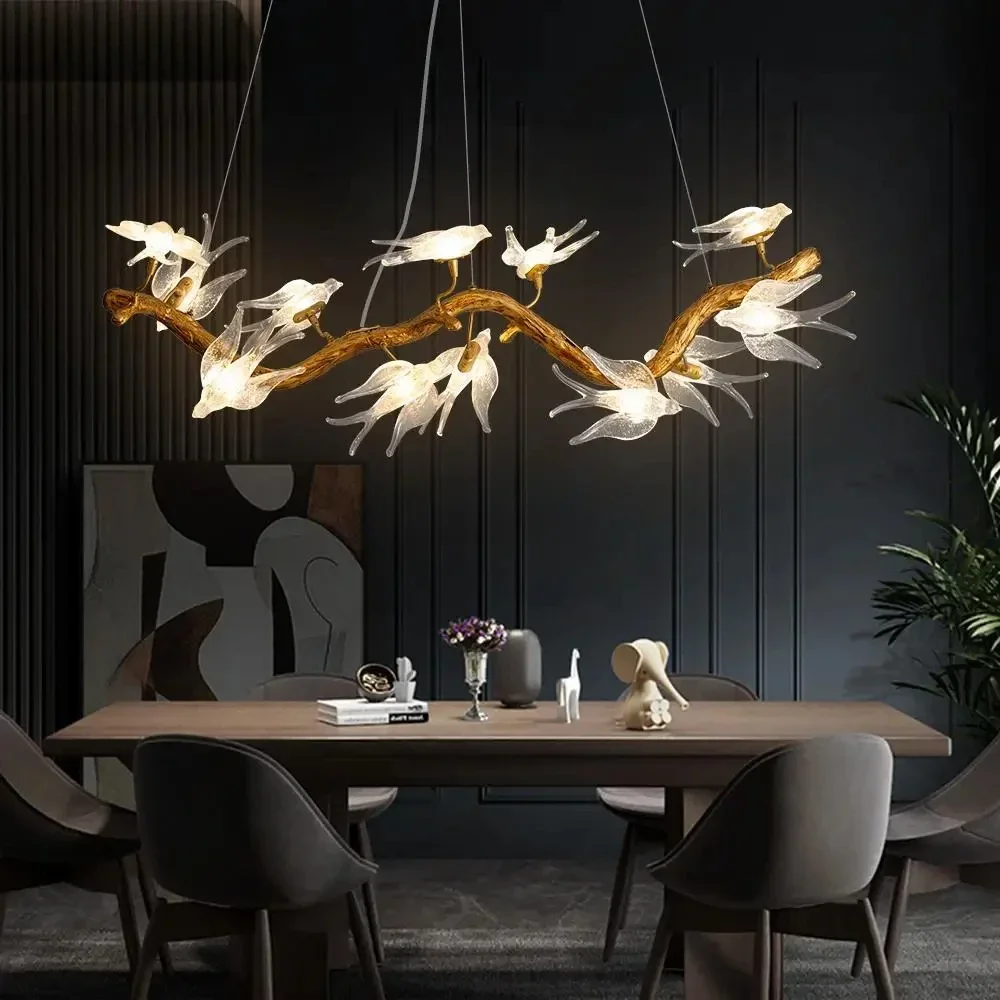 Designer Glass Bird Song Crystal Chandelier Pure Copper Luxury Retro Living Dining Room Decoration Hanging Branching Chandelier