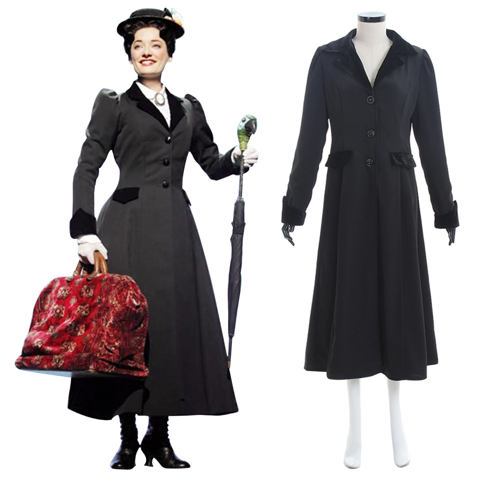 

Movie Mary Cosplay Costume Poppins Women's Vintage Black Jacket Dress Halloween Party Belle Gown Causal Outfits