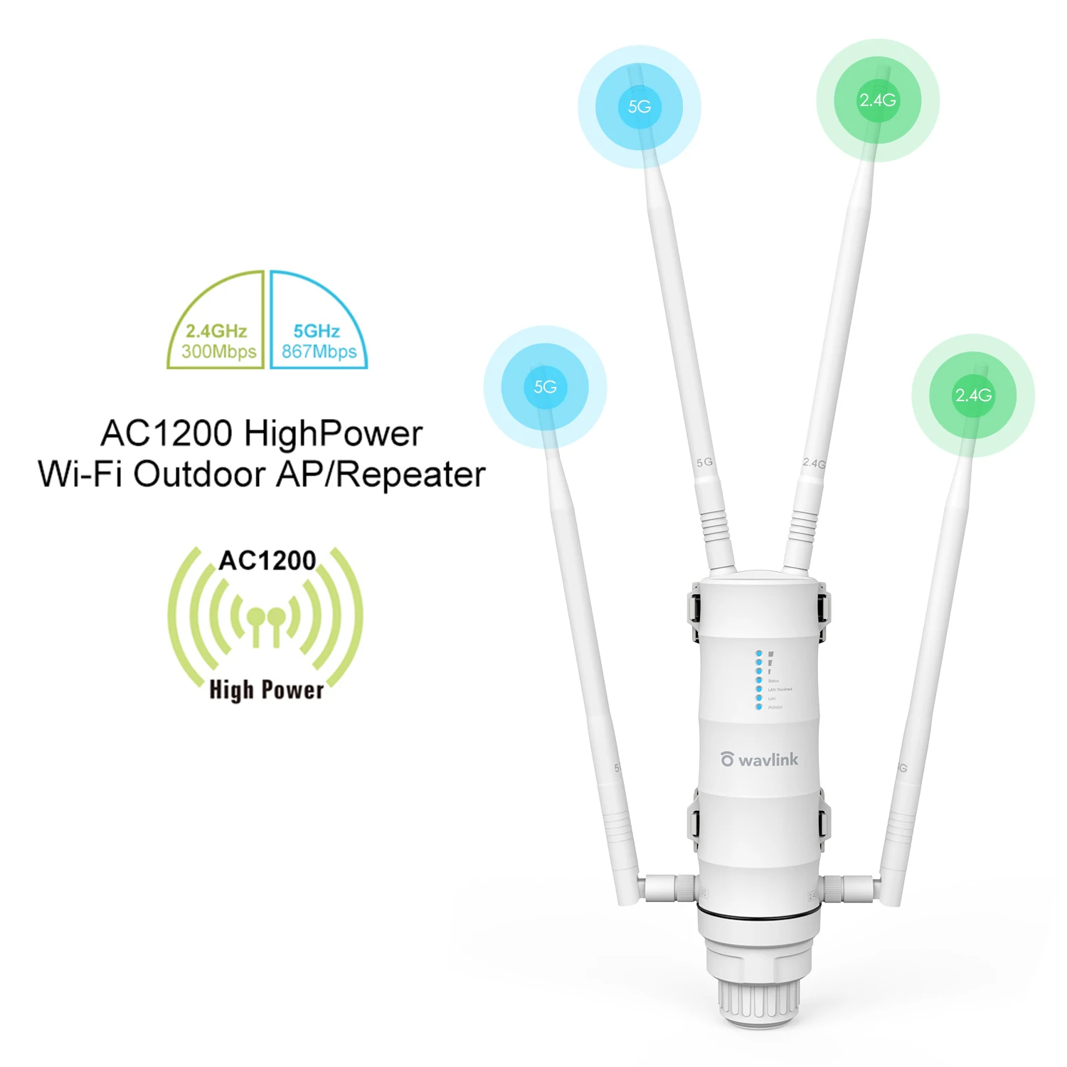 thumbnail image 1 of Extensor de rango WiFi para exteriores Wavlink, punto de acceso inalámbrico, banda dual, 2,4 G+5 Ghz, enrutador/repetidor WiFi de alta potencia, amplificador de señal POE, 1 of 5