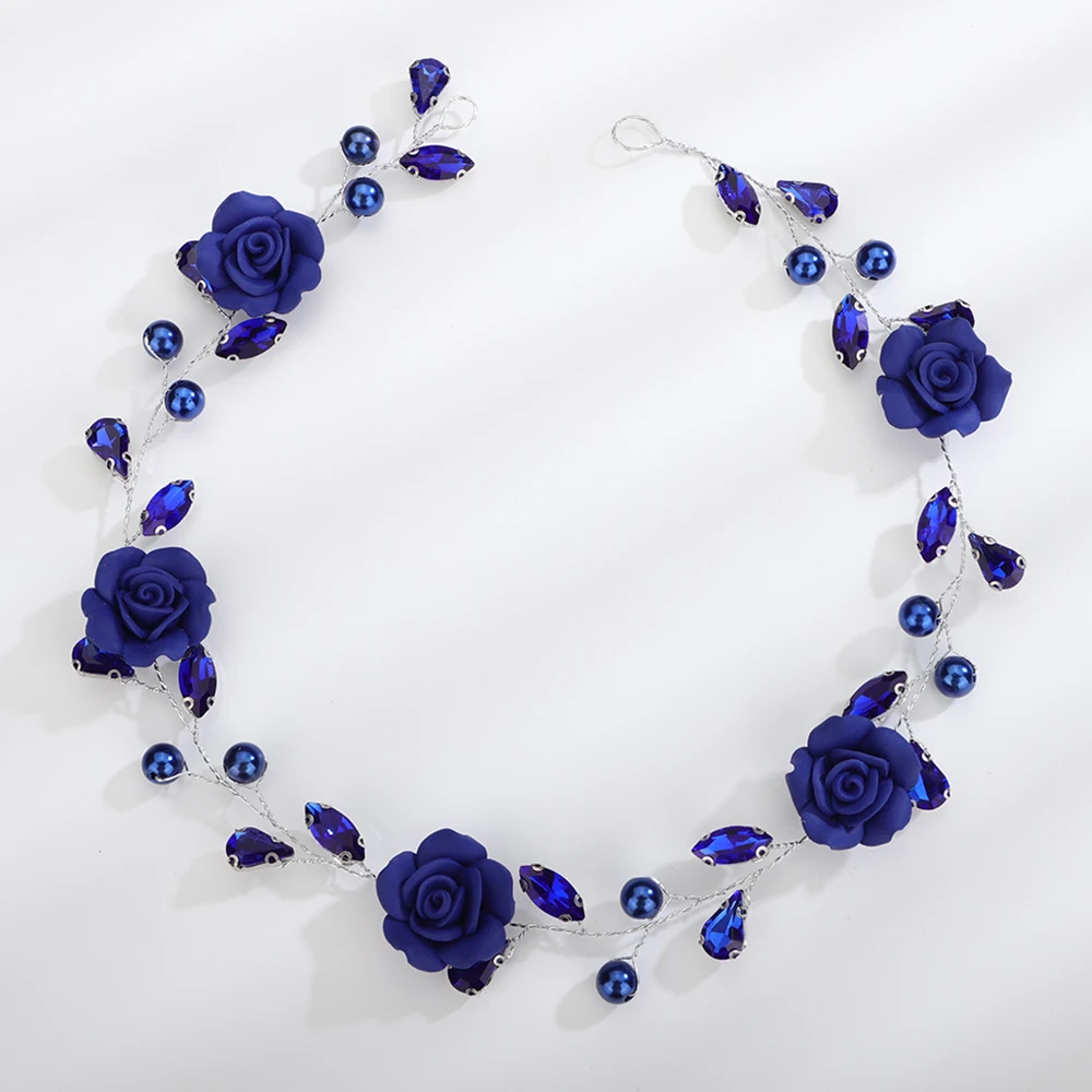 Trendy Wedding Headpiece Blue Flower Rhinestone Headband for Bridal Hair Accessories Pearl Simple Ornament Tiara Bride Headdress