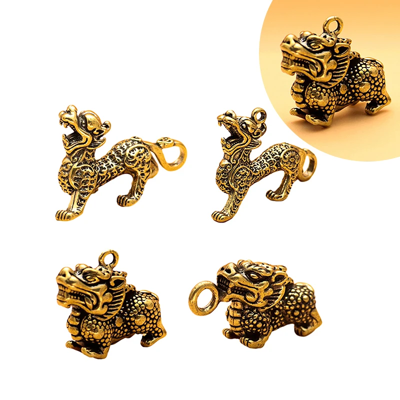 

1pcs Lucky Feng Shui Kylin Statue Decoration Vintage Brass Kylin Pendant Tabletop Ornaments Key Chain Pendant Craft Accessories
