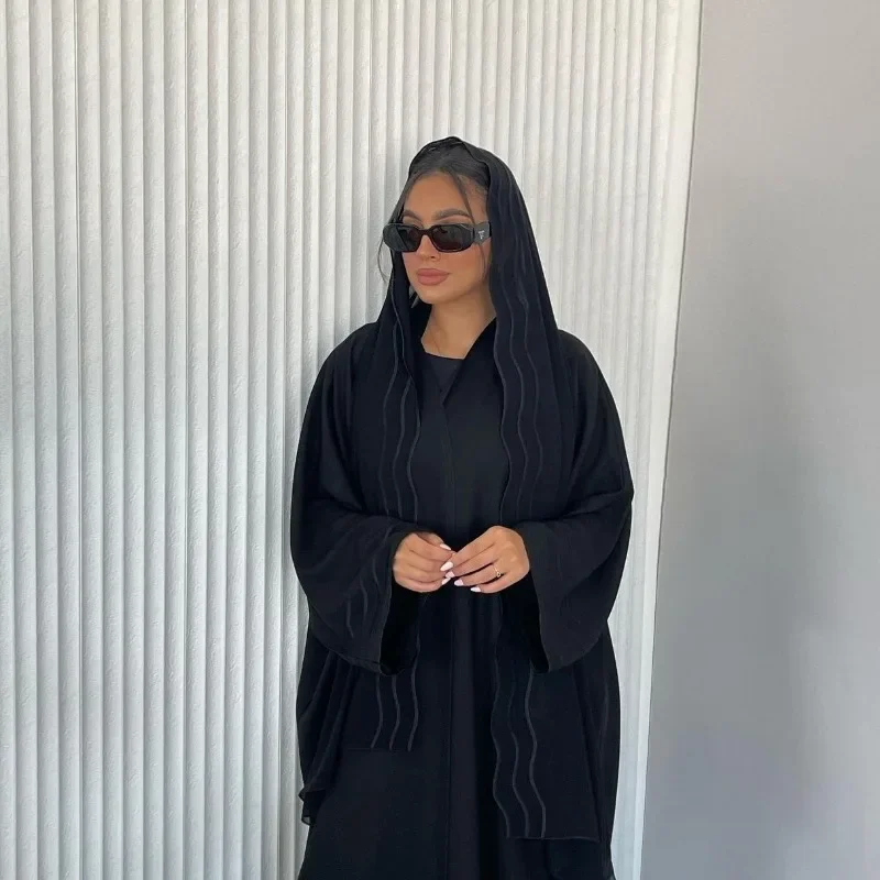 2024 New Abaya Under Dress Kaftan Solid Ramadan Muslim Sets Exquisite Embroidery Embroidery Coat with Headband Islamic Clothing