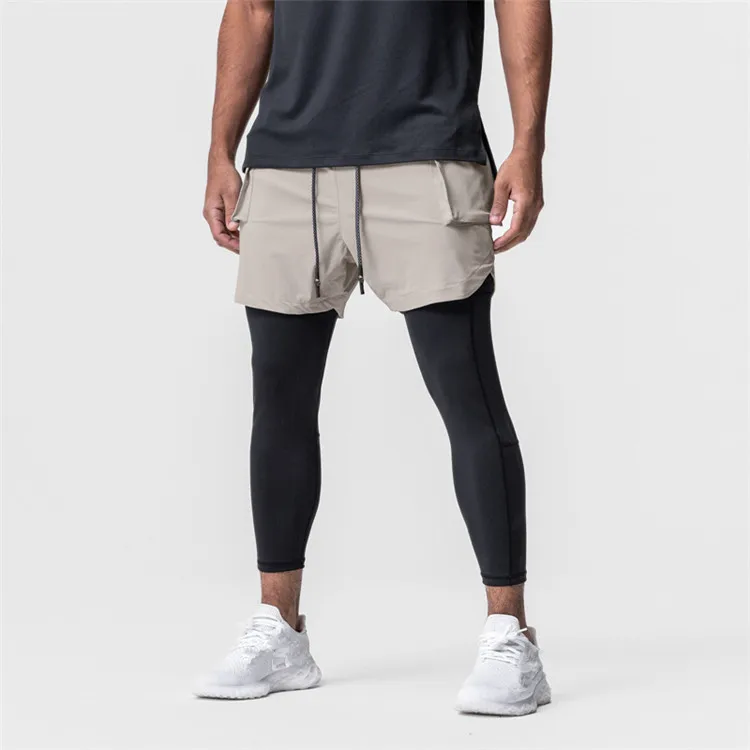 Men's Leggings Fake Two Pieces Fitness Sports Running Training Leisure Elastic Quick Drying Pants Cargo Mid-Waist Trousers
