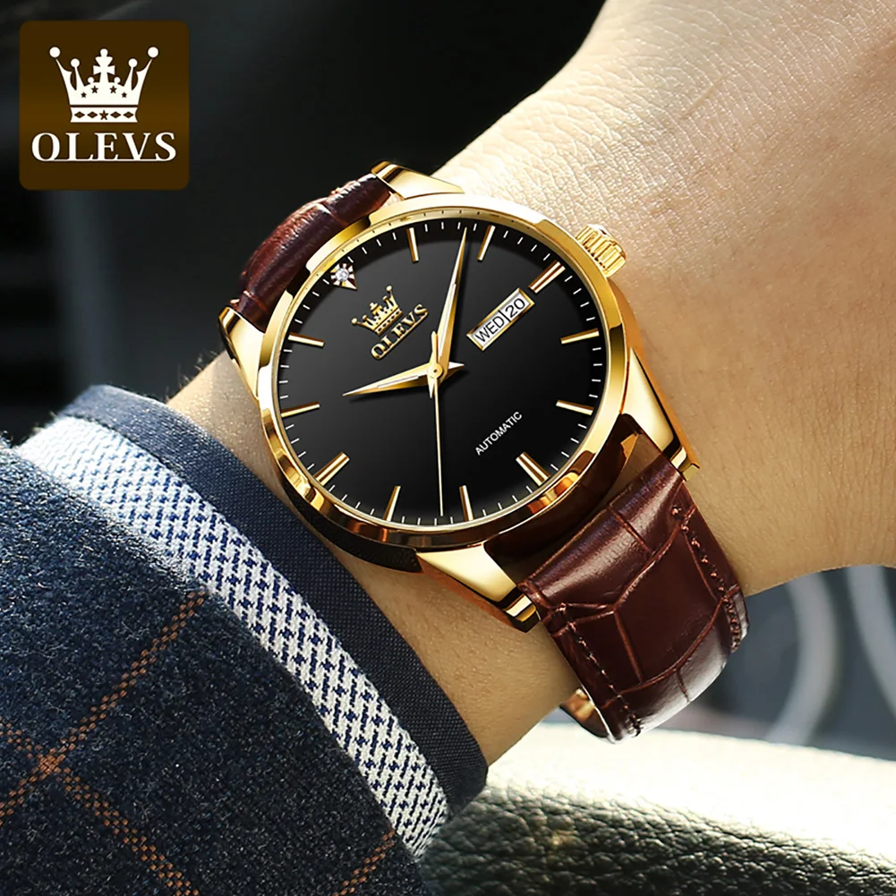 OLEVS Business Mens Mechanical Watch for Men Leather Waterproof Automatic Mens Watches Top Brand Luxury Clock Reloj Hombre