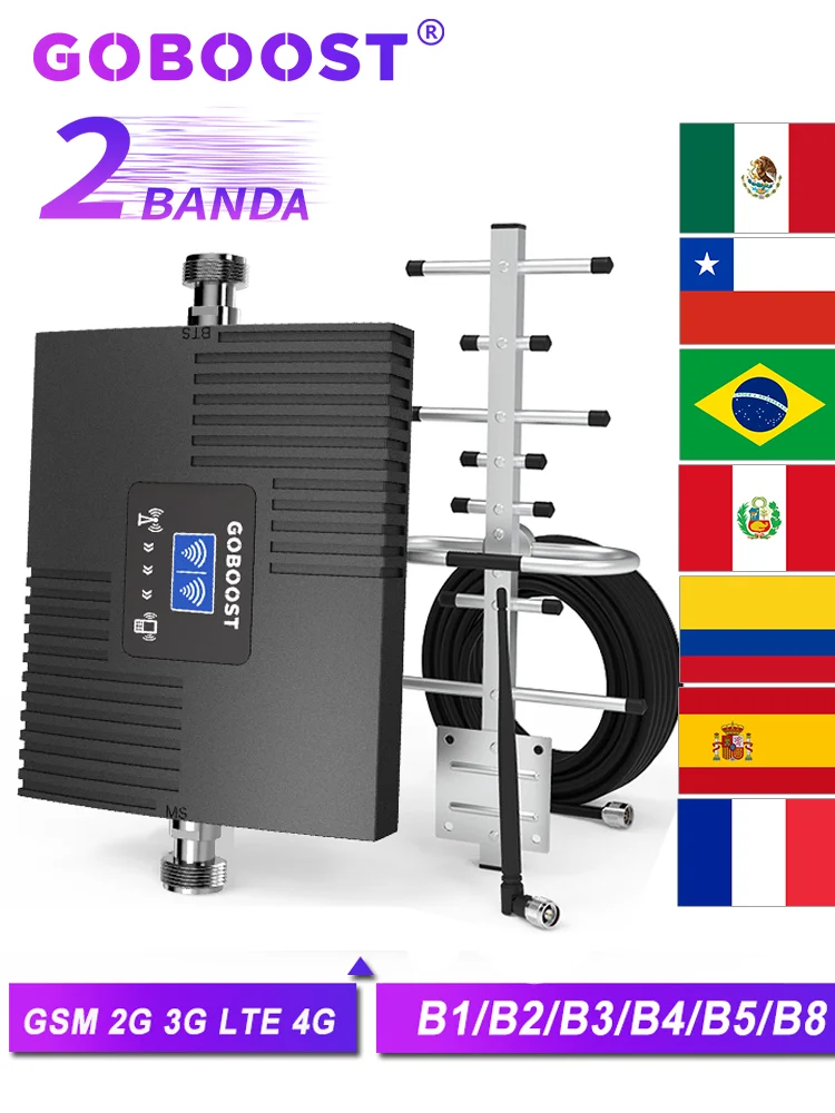 GOBOOST 2 Band Cellular Amplifier GSM 2G 3G 850 900 2100 LTE 4G 1800 1900MHz Network Repeater Kit Cell Phone Signal Booster Phone Signal Booster