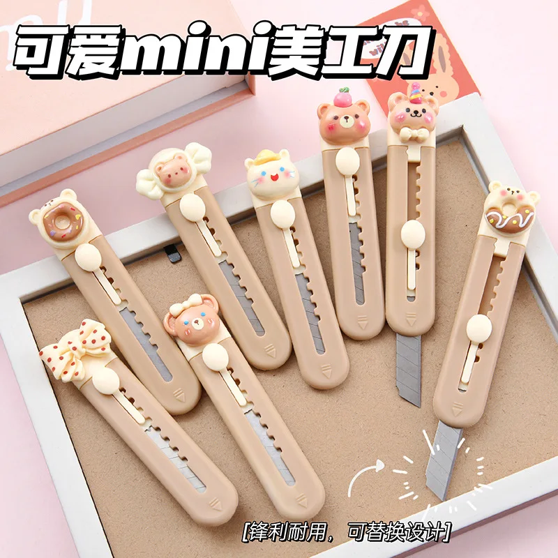 Cartoon Utility Knife for Student Cute Fashion Box Cutter Small Portable Kawaii Beige Coffee Color Letter Opener Office 1 Piece