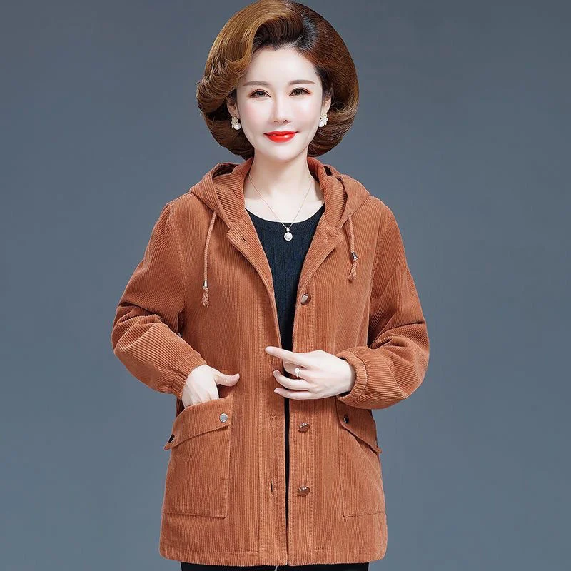 

Middle-aged And Elderly Mothers Wear Corduroy Loose Hooded Windbreaker 2023 New Coat With Long Spring Autumn Jacket Women Stripe