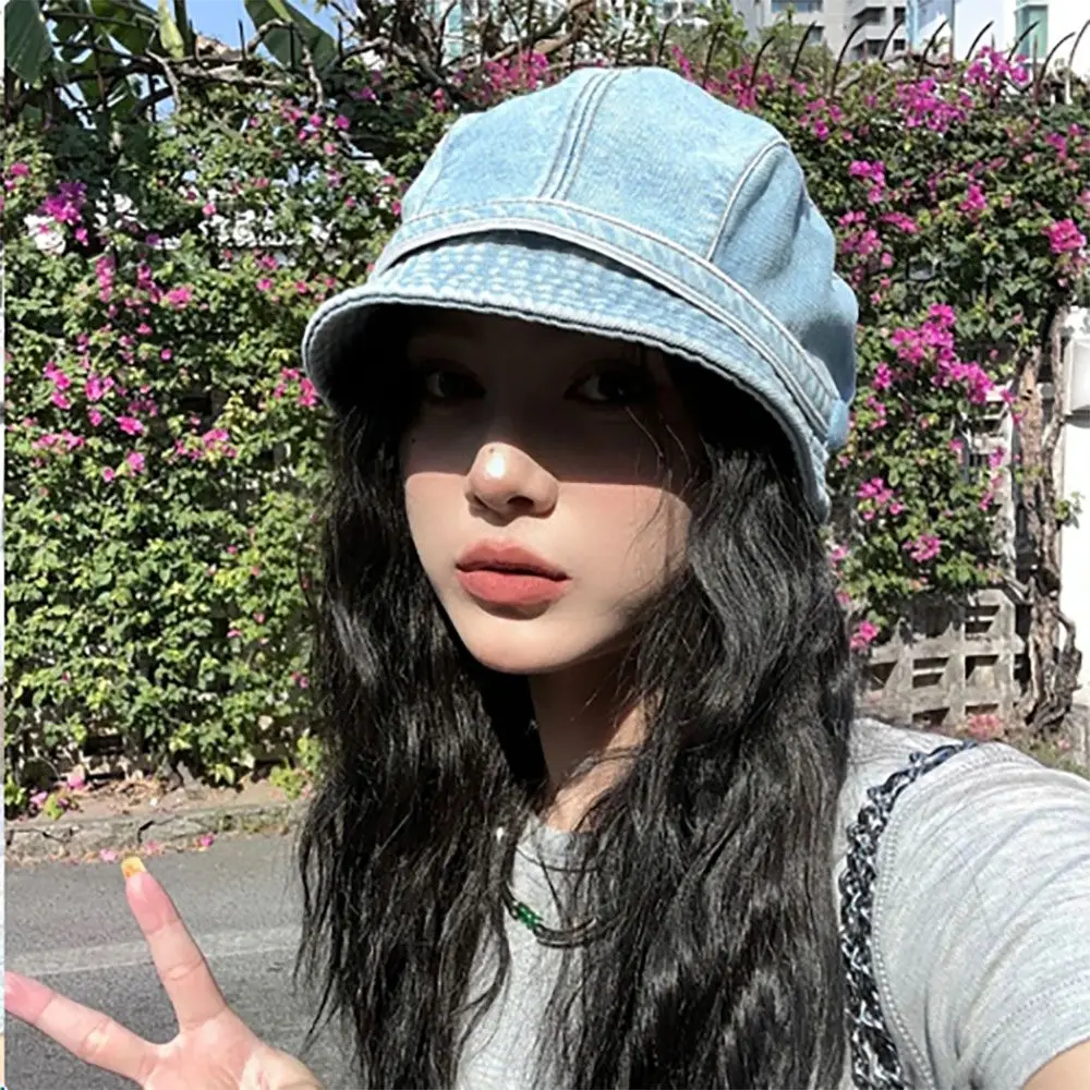 Ins Popular Retro Denim Short Brim Bucket Hats for Women and Men Spring Summer Travel Versatile Sunscreen Personality Stack Cap