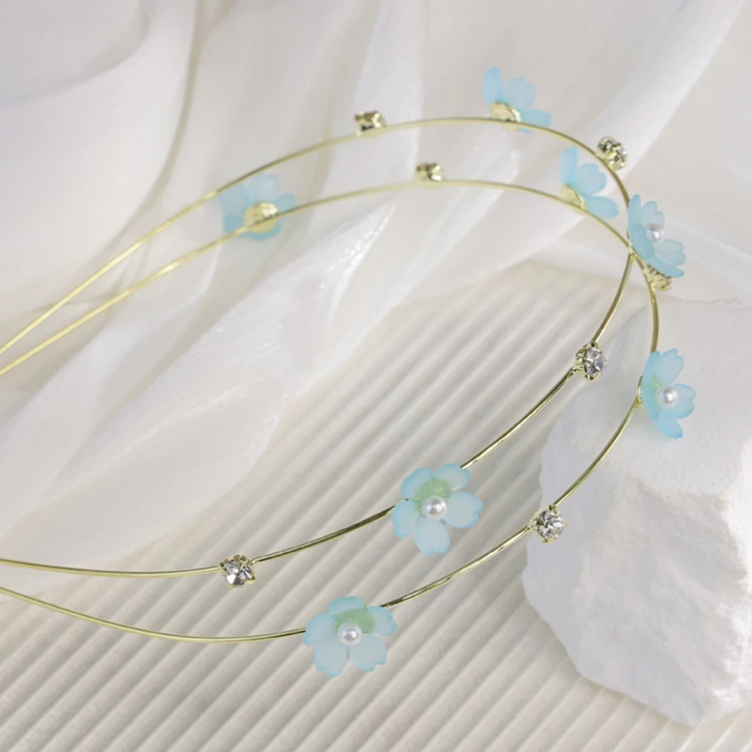 Doppellagige Strass-Blumen-Haarbänder für Frauen, modischer, eleganter Metall-Haarreif, koreanischer Stil, Kopfbedeckung, Mädchen-Haar-Accessoires – Detail 3