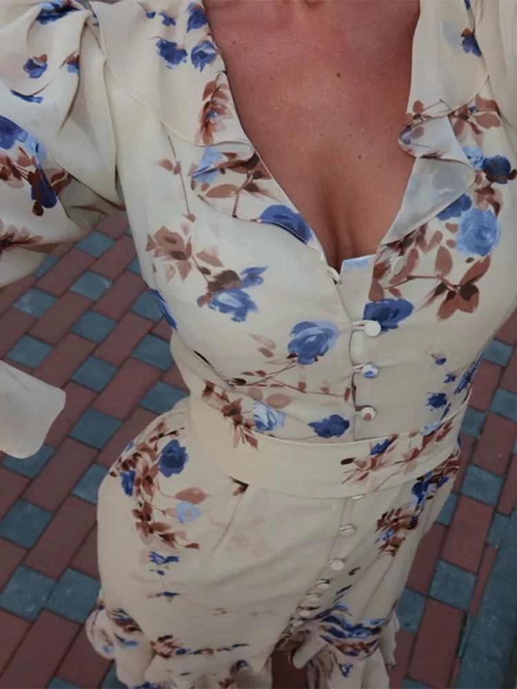 Printed V-Neck Ruffle Half Sleeve Long Dress with Single-Breasted Buttons — photo 3
