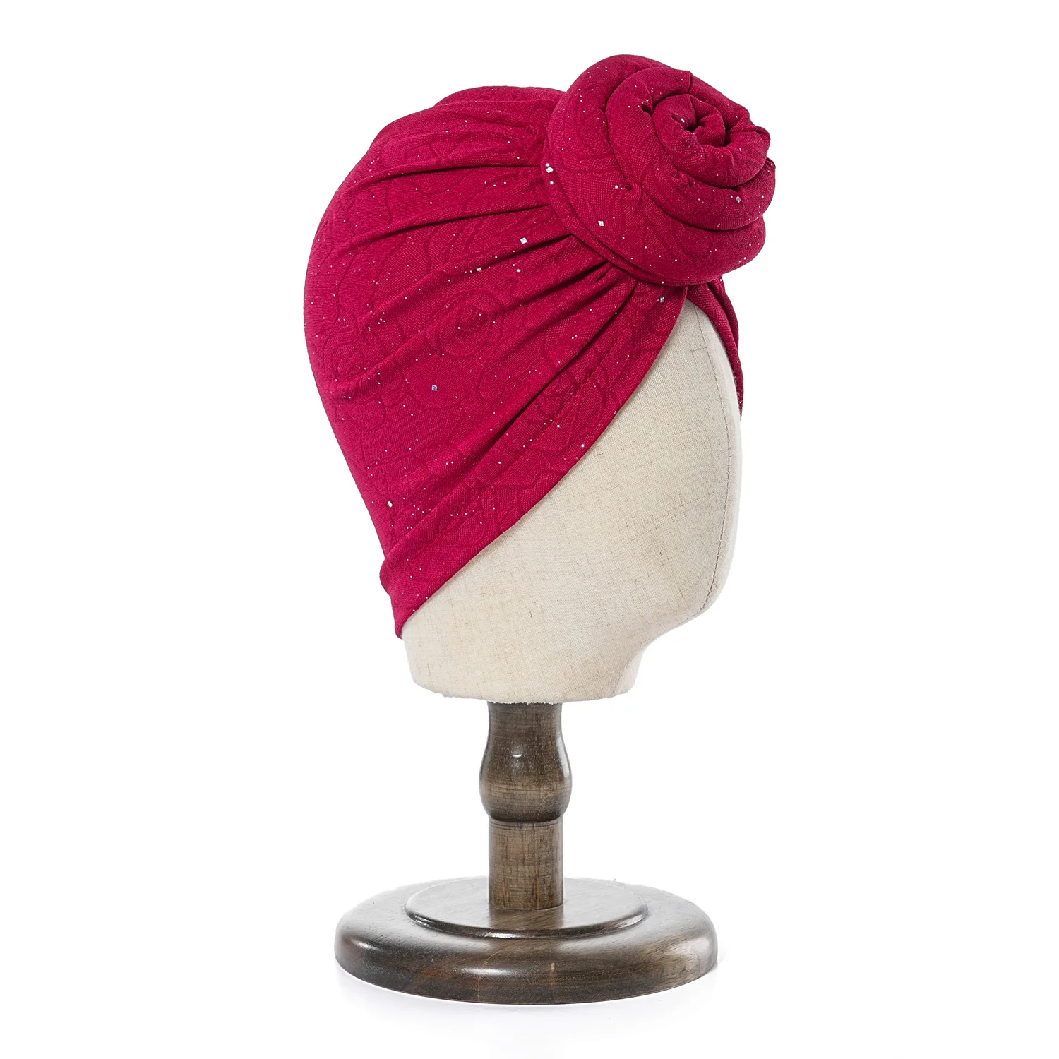 Glänzende, vorgefertigte Top-Knoten-Turban-Blumendekor-Headwrap, muslimische Damen-Haarabdeckung, Beanie, elegante Kopfwickel für Frauen – Detail 4