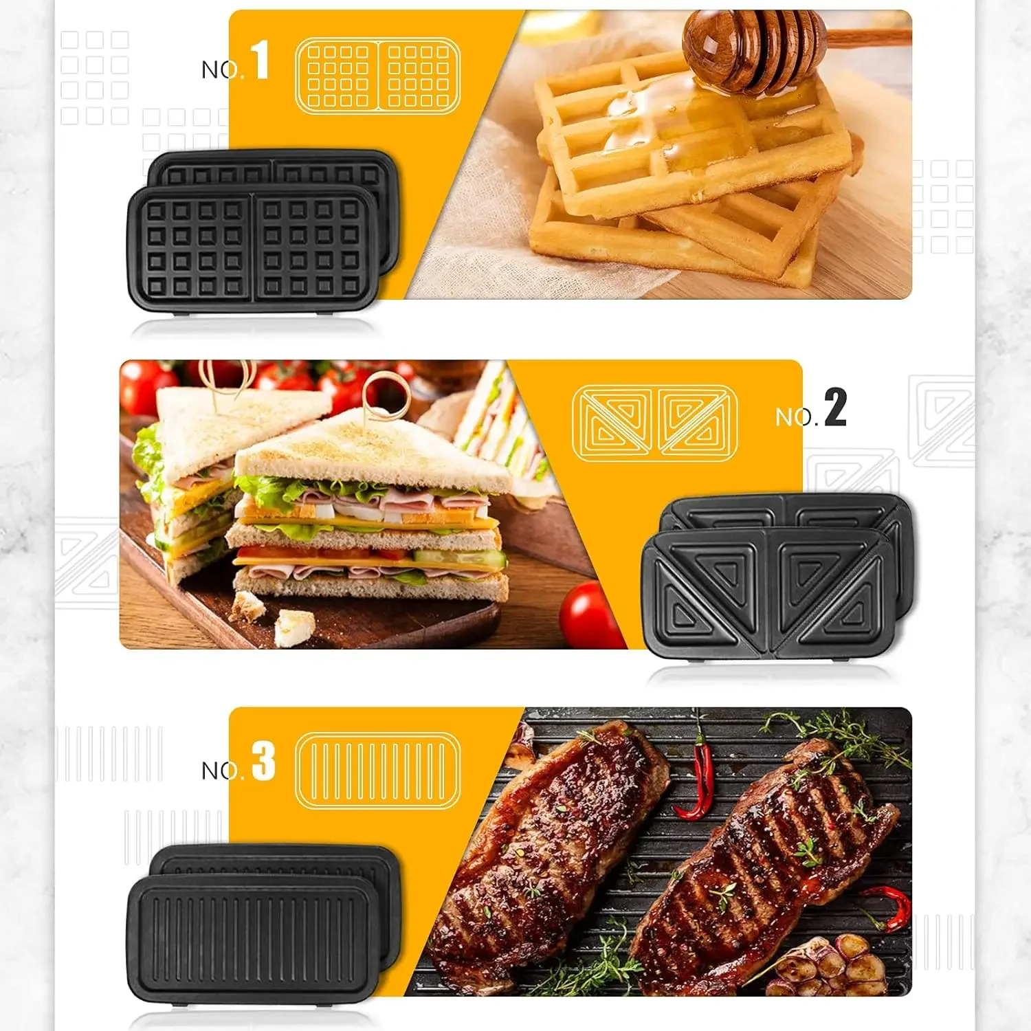 Waffle Makers, 3-in-1 Waffle Iron Panini Press Sandwich Maker with Removable Plates, 5-gears Temperature Control Non Stick 2