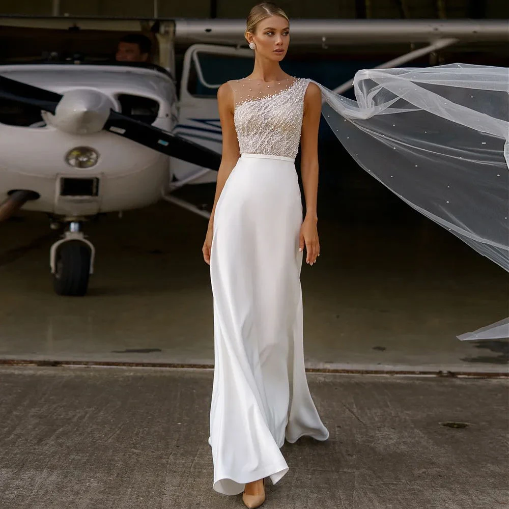 Bright Chiffon Women Wedding Dresses Lace Printing Bridal Gowns Sexy Sleeveless Vestidos Elegante Blanco Novia Civil Customized 4