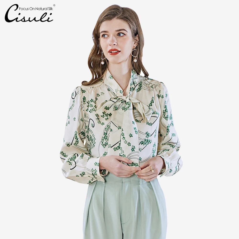 

CISULI Printed Silk Twill Shirt Pure Mulberry Silk Shirt Women Spring Summer Top Breathable Anti-allergy