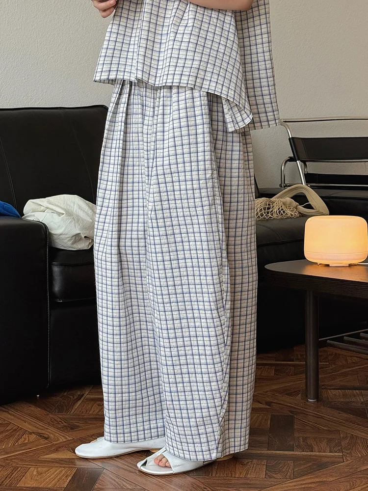 [EAM] High Elastic Waist Blue Plaid Brief Casual Wide Leg Pants New Trousers Women Fashion Tide Spring Autumn 2026 1DJ0747