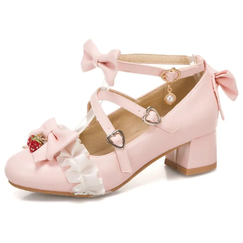 

Children High Heels Shoes Girls Princess Lolita Shoe Bowknot PU Leather Kids Chunky Heel Shoe 4CM