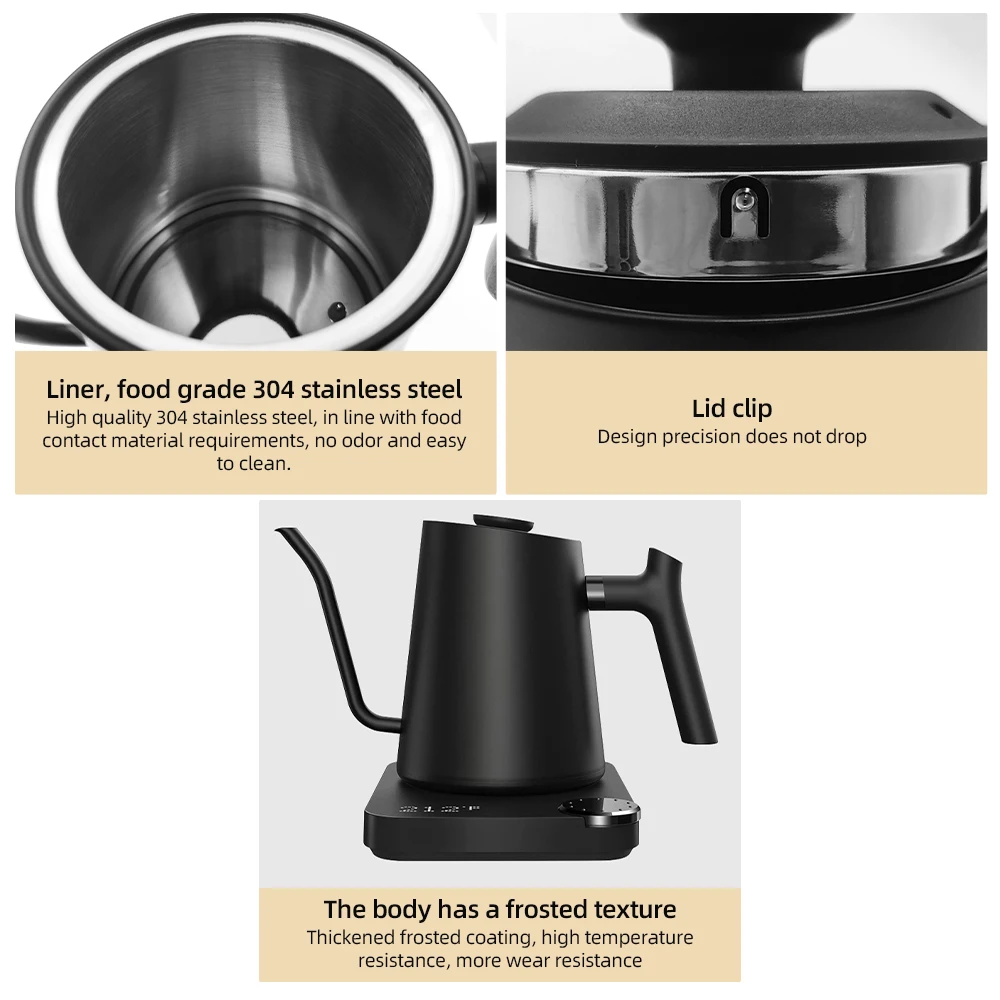 Gooseneck Electric Kettle Temperature Control Stainless Steel Inner 1200W for Pour Over Coffee