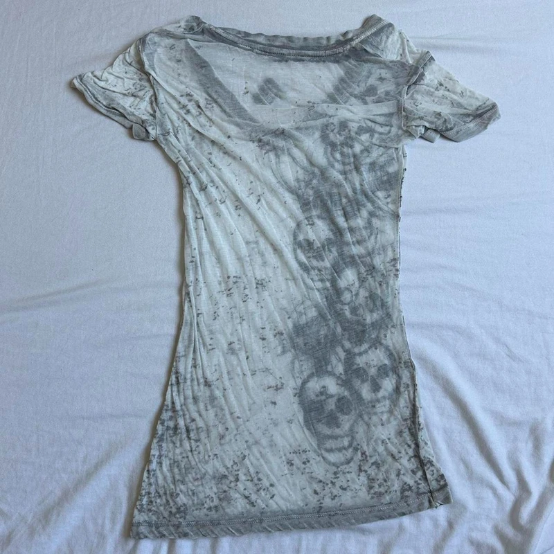 Graphic Tie Dye V Neck Crop Tops Y2K E-girl Gothic Grunge Skull Print Tshirt 2000s Retro Emo Short Sleeve Slim Fit Tees Clothes 5