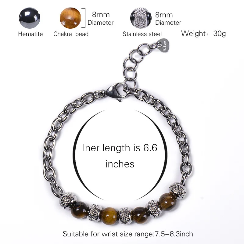 Stainless Steel Adjustable Chain Link Bracelet with Tiger Eyes and Lava Rock Stone for Men