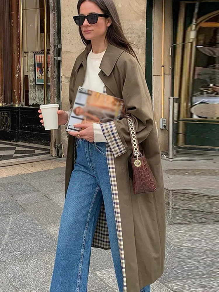 Elegant Plaid Lapel Long Windbreaker Women Fashion Single Breasted Full Sleeve Solid Coat 2025 Spring Lady High Street Outwear 3