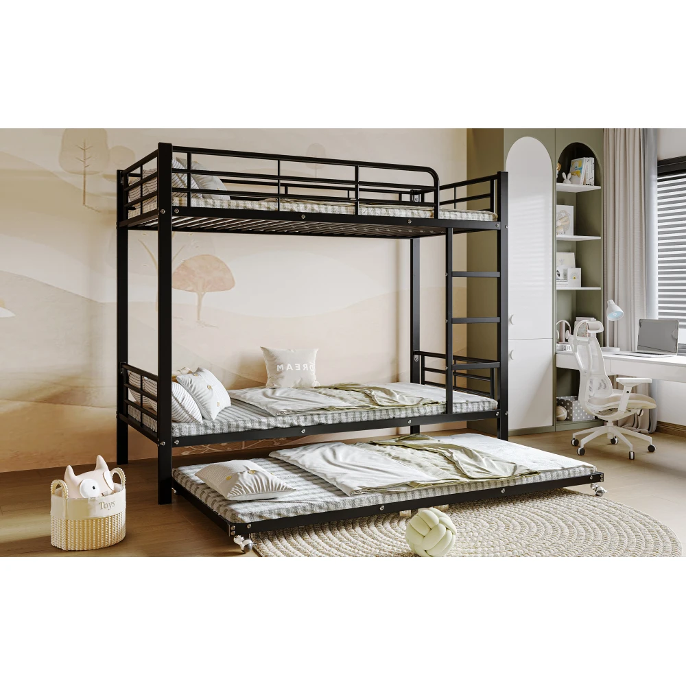 90x200cm&90x190cm Etagenbett aus Eisen, mit ausziehbarem Bett, vierseitige Gitter auf dem oberen Bett, Schwarz und Weiß, für Kinder und Jugendliche – Detail 13