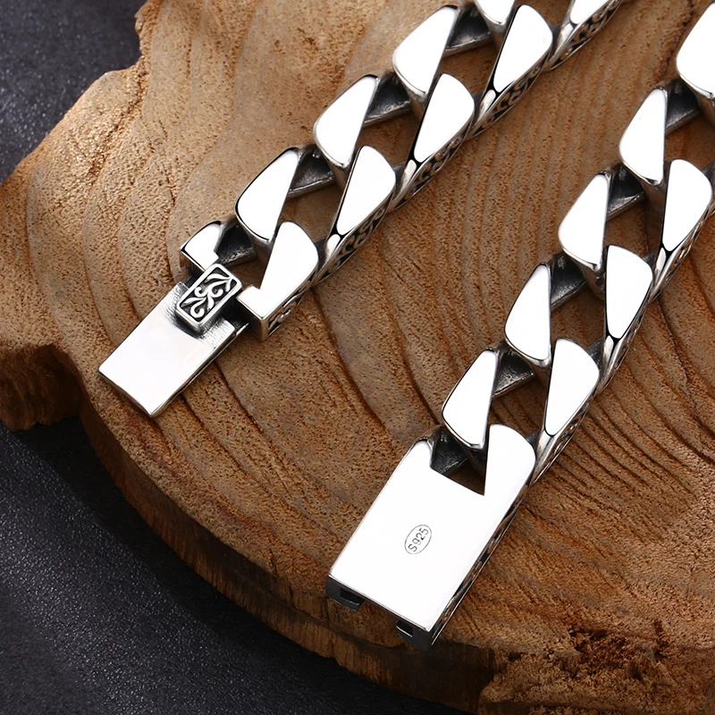 ZABRA Simple Men's S925 Silver Retro Bar Chain Old Tang Grass Pattern Bracelet Popular Fashion Retro Jewelry 5
