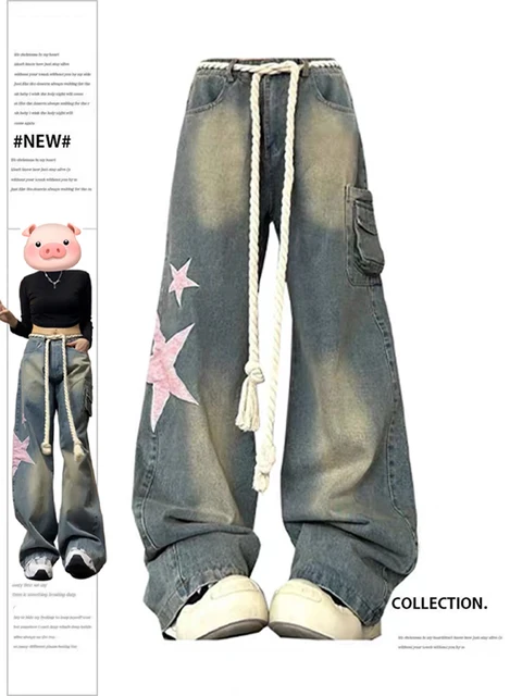 Vintage jeans with stars print and rope