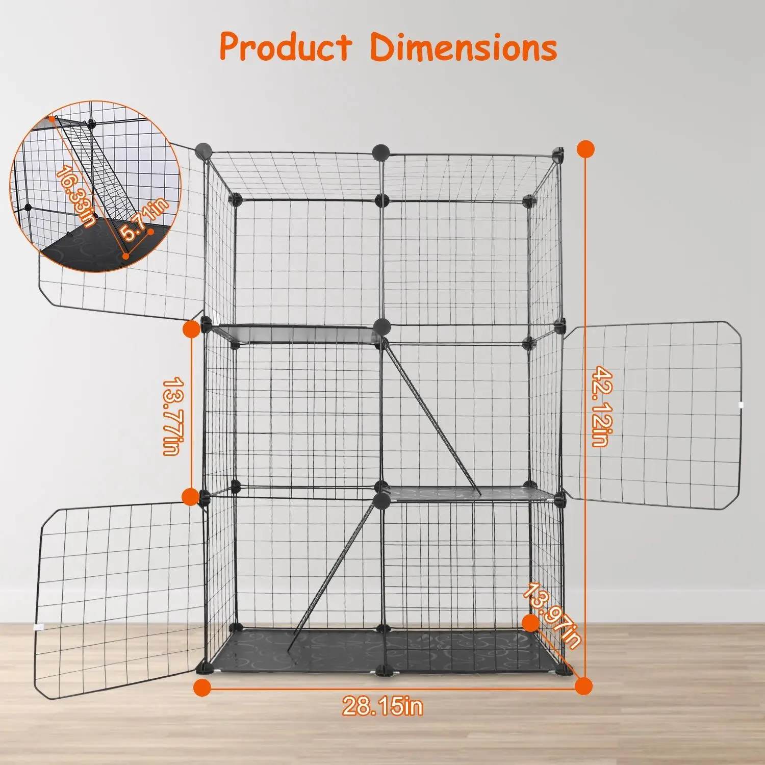 Detachable 3-Tier Cat Cage Playpen for Kittens, Puppies & Bunnies-Indoor House with 3 Doors (Black, 28.15x13.97x42.12in)