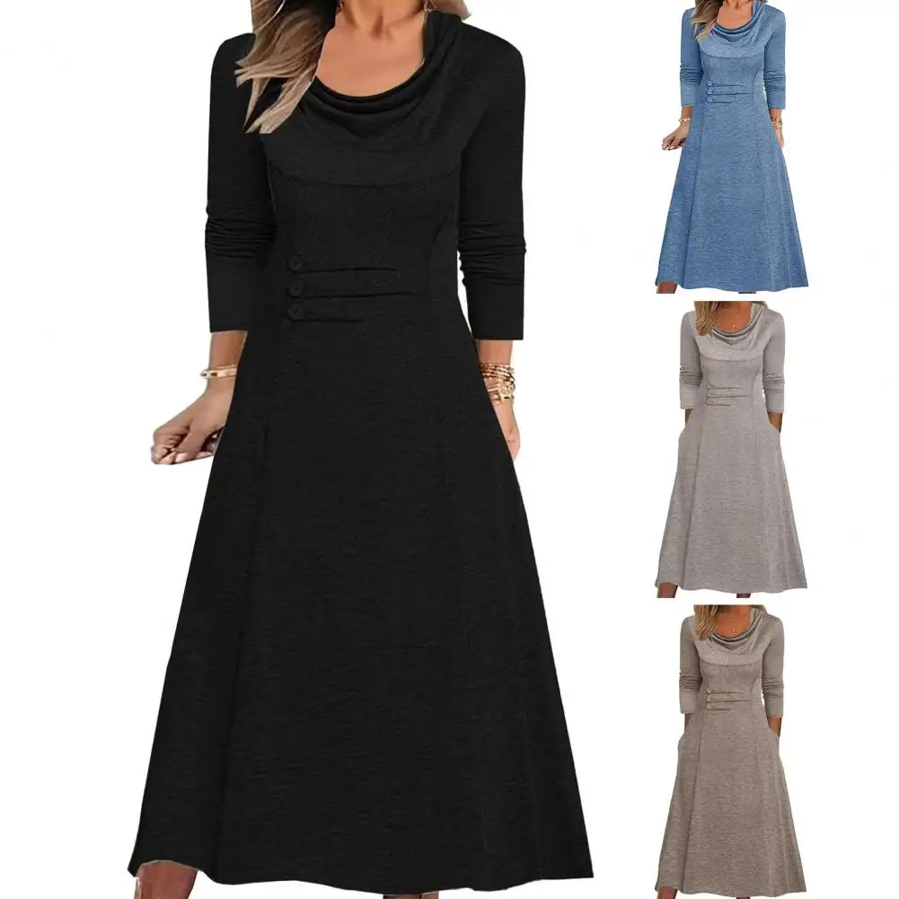 

Women Fashion Dress Elegant Ladies' Long Sleeve Dress with Pockets Stylish Autumn Winter Party Clothing for Women Featuring A