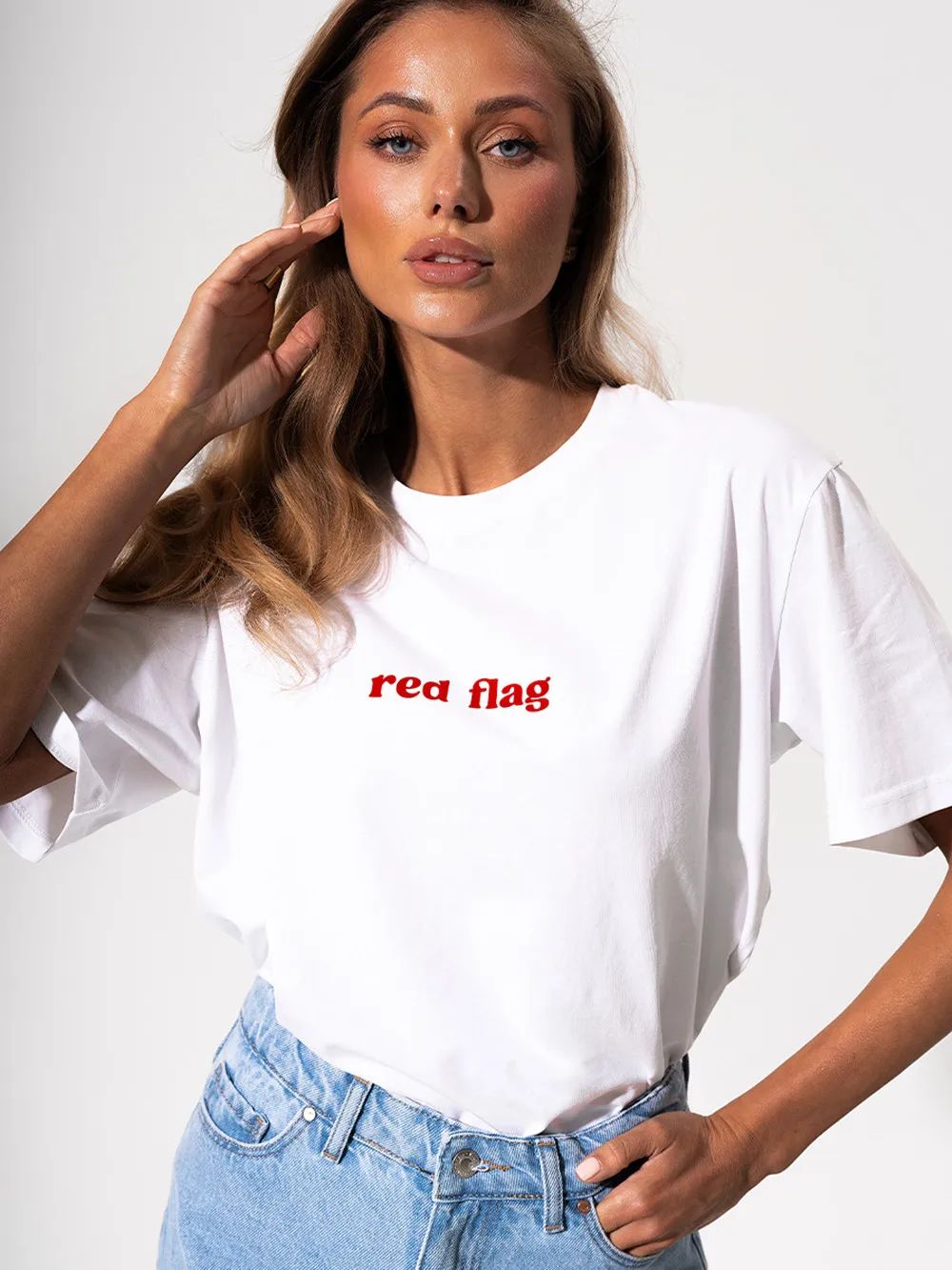 Red Flag Oversized T-Shirt Letter Print Women's T-Shirt Cotton Simple Design Summer Fashion Tee Boutique Drop Sleeve 1