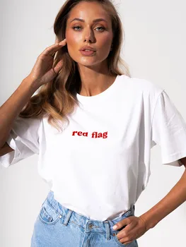 Red Flag Oversized T-Shirt Letter Print Women's T-Shirt Cotton Simple Design Summer Fashion Tee Boutique Drop Sleeve 1