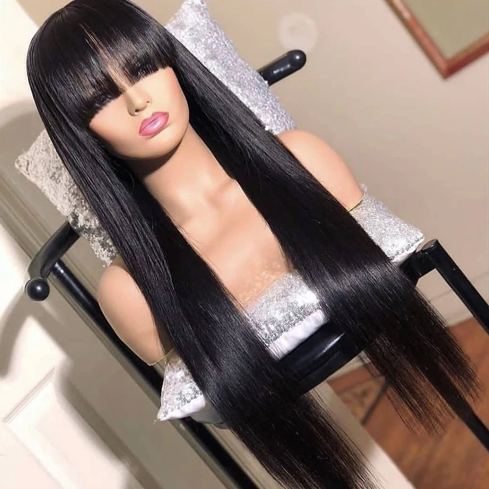 

3x1 HD Lace Straight Human Hair Wig With Bangs Wear And Go Glueless Straight With Bangs Brazilian Fringe Full Machine Made Wig