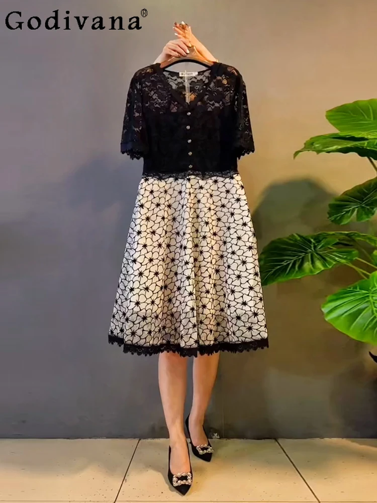 Plus Size 3XL-6XL Lady Short-sleeved Black Lace Print Long Temperament  Dress Age-reducing V-neck Lace Black Butterfly Knee Dress - AliExpress  200000345