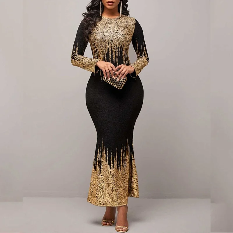 Fashion Print Slim Long Sleeve Bodycon Dress for New Year 2022 Autumn Winter Elegant Evening Party Lady Chic Mermaid Club | Женская