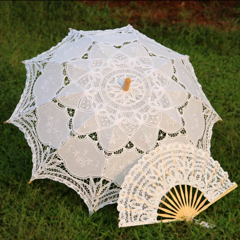 Handmade Bridal Battenburg Lace Parasol and Fan set Wedding Bride Umbrella