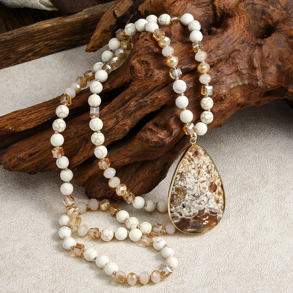 Neue böhmische Vintage-Stil Frauen Schmuck 8mm Naturstein Kristall Glas Knoten Halskette, Stein Tropfen Anhänger Halskette
