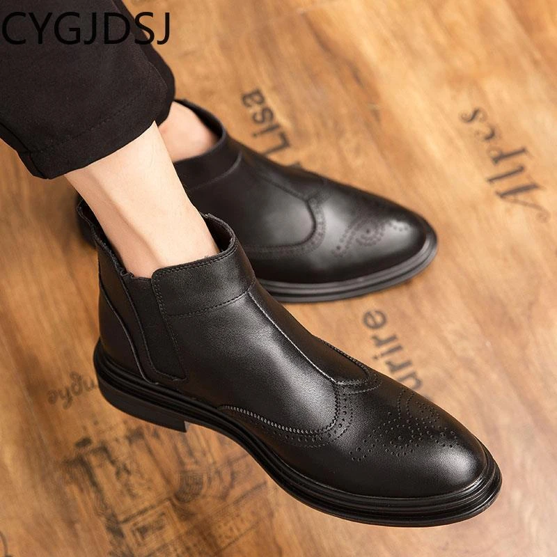 botas Chelsea informales para Hombre, Botines De cuero, color negro| | - AliExpress